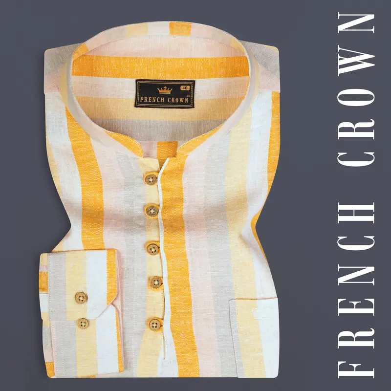 Solitaire With Golden Sand And Mischka Gray Vertical Striped Luxurious Linen Kurta Shirt 1