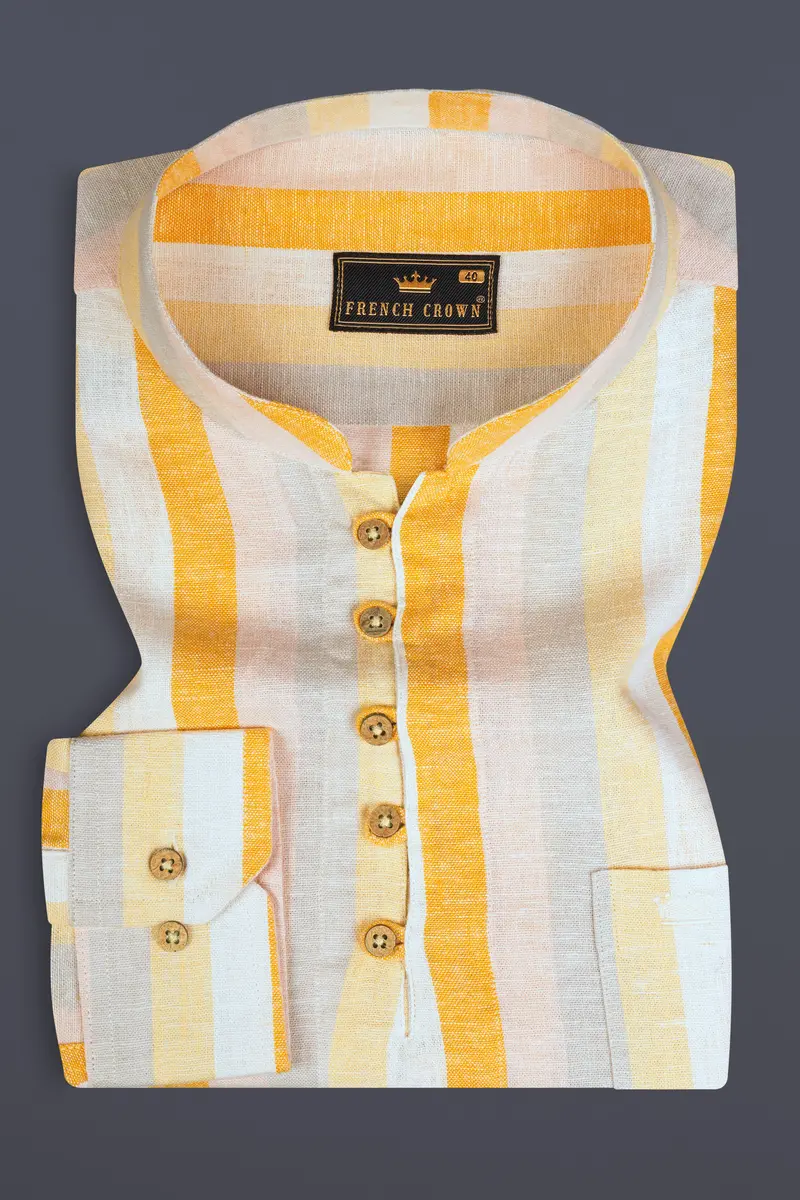Solitaire With Golden Sand And Mischka Gray Vertical Striped Luxurious Linen Kurta Shirt 2