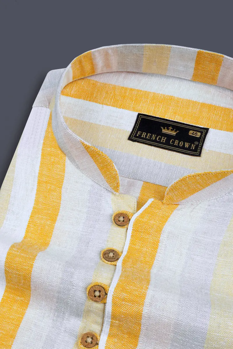 Solitaire With Golden Sand And Mischka Gray Vertical Striped Luxurious Linen Kurta Shirt 4