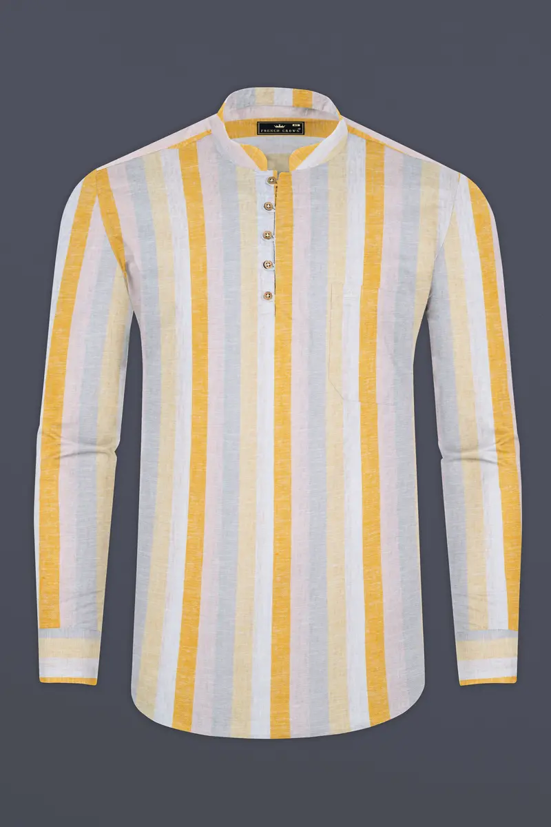 Solitaire With Golden Sand And Mischka Gray Vertical Striped Luxurious Linen Kurta Shirt 5