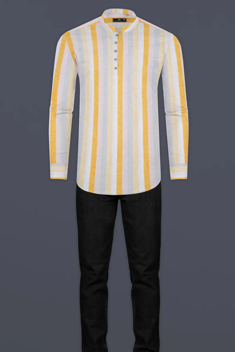 Solitaire With Golden Sand And Mischka Gray Vertical Striped Luxurious Linen Kurta Shirt 7