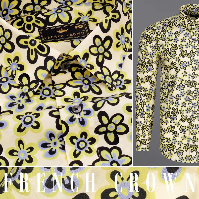 Solitaire With Straw Yellow And Jade Black Ditsy Printed Premium Cotton Shirt 1