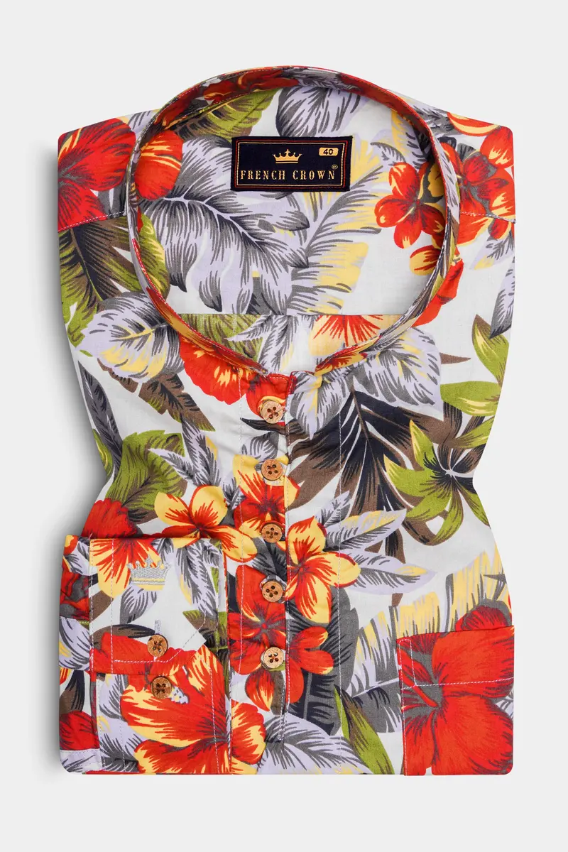 Solitude Blue Colorful Floral Print Premium Cotton Kurta Shirt 2