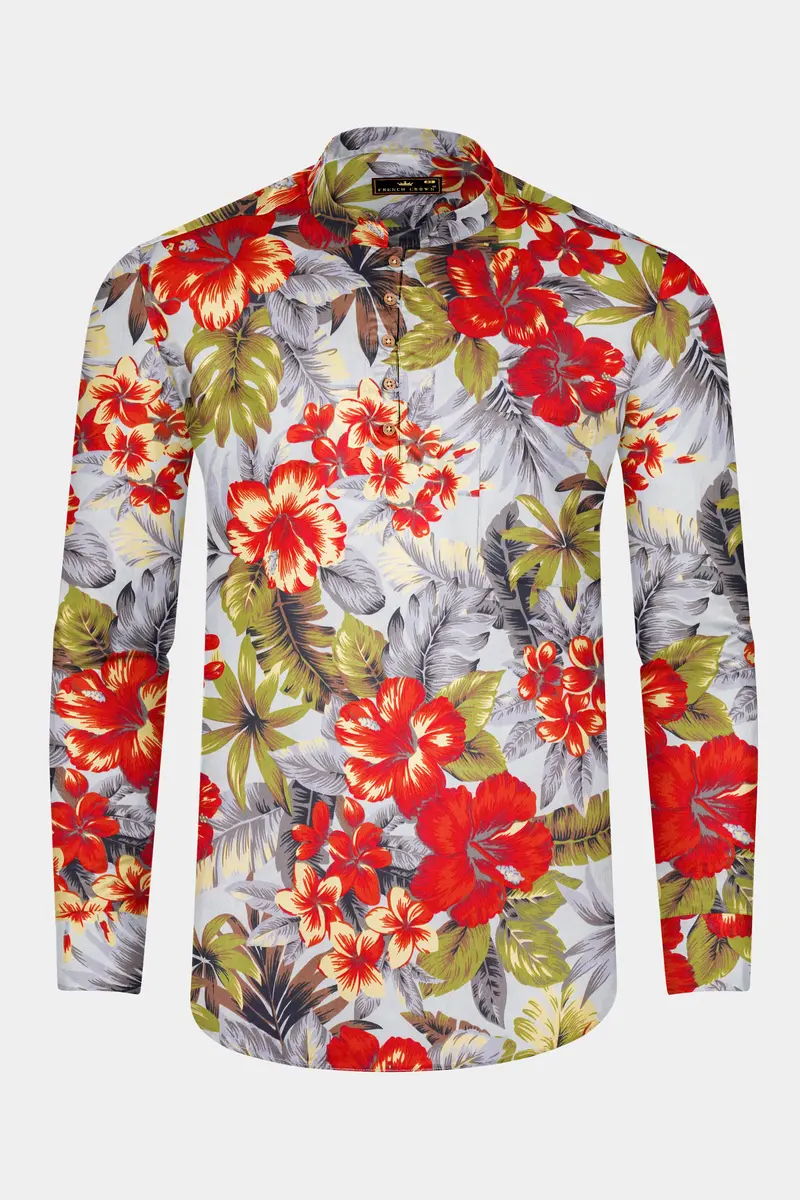 Solitude Blue Colorful Floral Print Premium Cotton Kurta Shirt 6