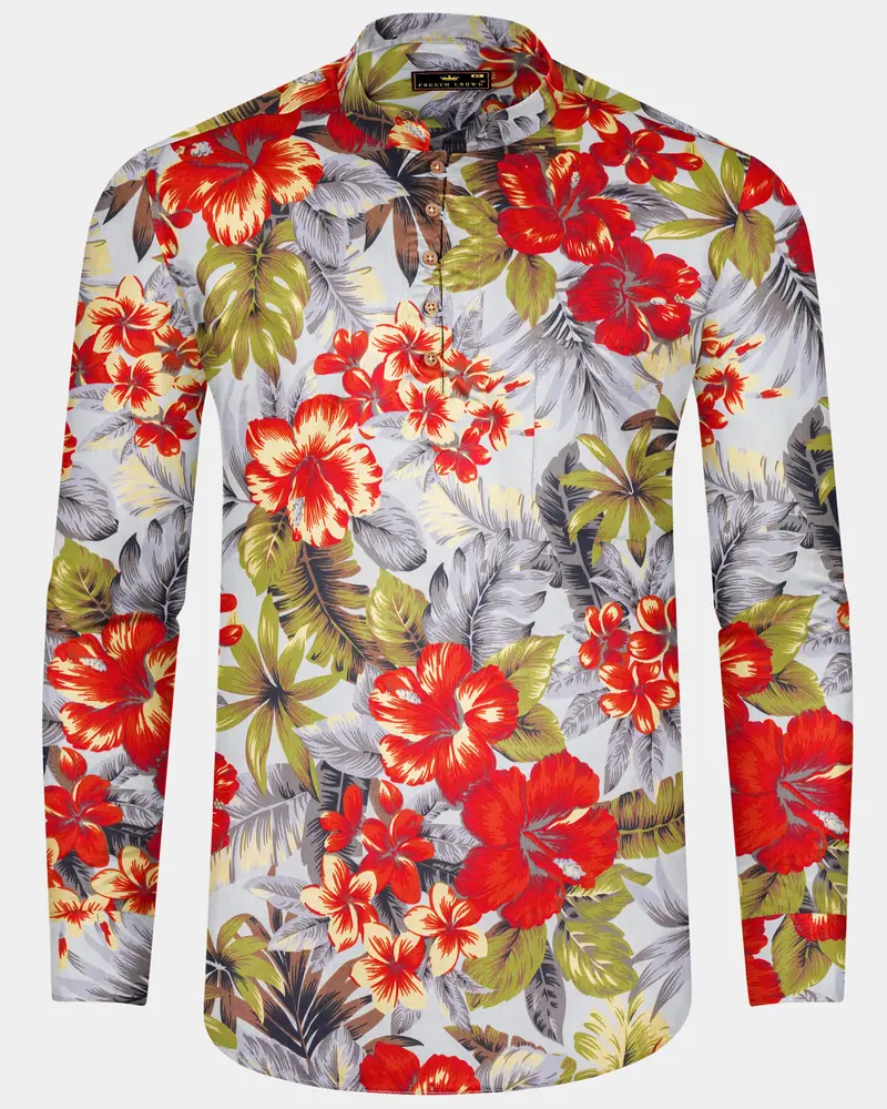 Solitude Blue Colorful Floral Print Premium Cotton Kurta Shirt 8