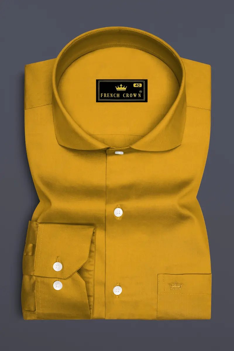 Solvoro-Ochre Yellow Subtle Sheen Super Soft Premium Cotton Cut Away Collar Dress Shirt 4