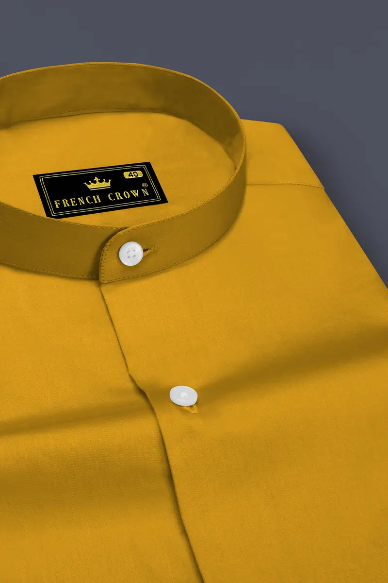 Solvoro-Ochre Yellow Subtle Sheen Super Soft Premium Cotton Mandarin Dress Shirt 2