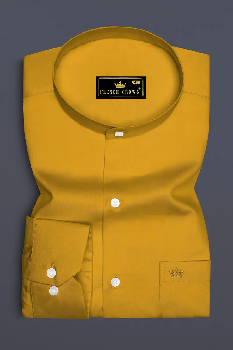Solvoro-Ochre Yellow Subtle Sheen Super Soft Premium Cotton Mandarin Dress Shirt 4
