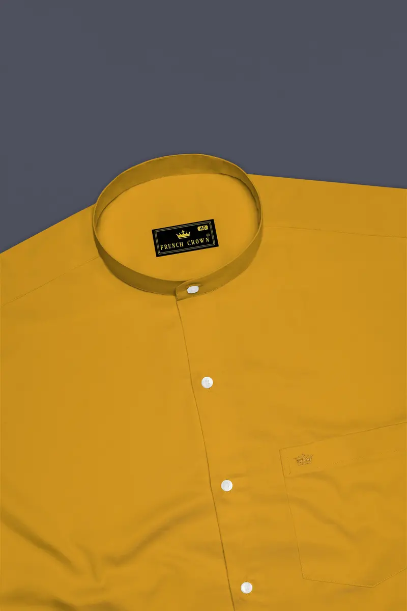 Solvoro-Ochre Yellow Subtle Sheen Super Soft Premium Cotton Mandarin Dress Shirt 5