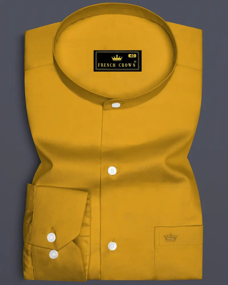 Solvoro-Ochre Yellow Subtle Sheen Super Soft Premium Cotton Mandarin Dress Shirt 6