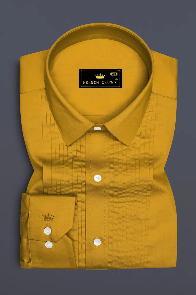 Solvoro-Ochre Yellow Subtle Sheen Super Soft Premium Cotton Tuxedo Dress Shirt 2