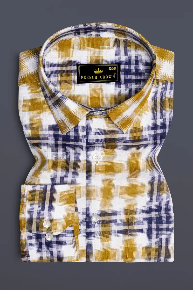 Solvoro-Pirate Yellow And Martinique Blue Plaid Dobby Premium Giza Cotton Casual Shirt 4