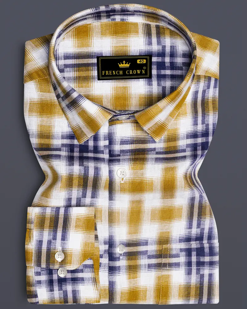 Solvoro-Pirate Yellow And Martinique Blue Plaid Dobby Premium Giza Cotton Casual Shirt 6