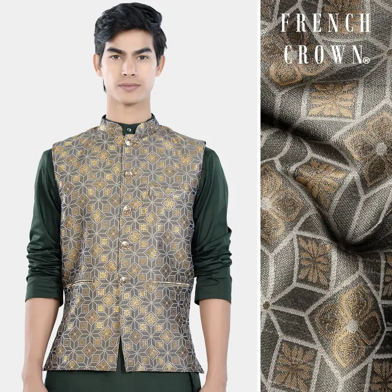 Sorrell Brown And Schooner Gray Geometric Jacquard Textured Designer Nehru Jacket 1
