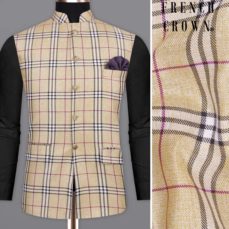 Sorrell Brown With Acadia Black Plaid Bandhgala Nehru Jacket 1
