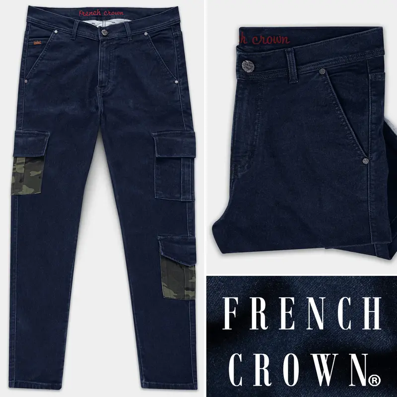 Space Blue Designer Camouflage Cargo Pockets Stretchable Denim 1