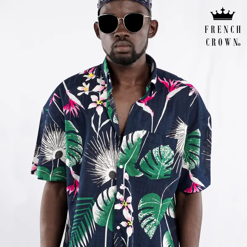 Space Blue With Petrol Green Leaves Printed Lightweight Premium Cotton Oversized Shirt 1