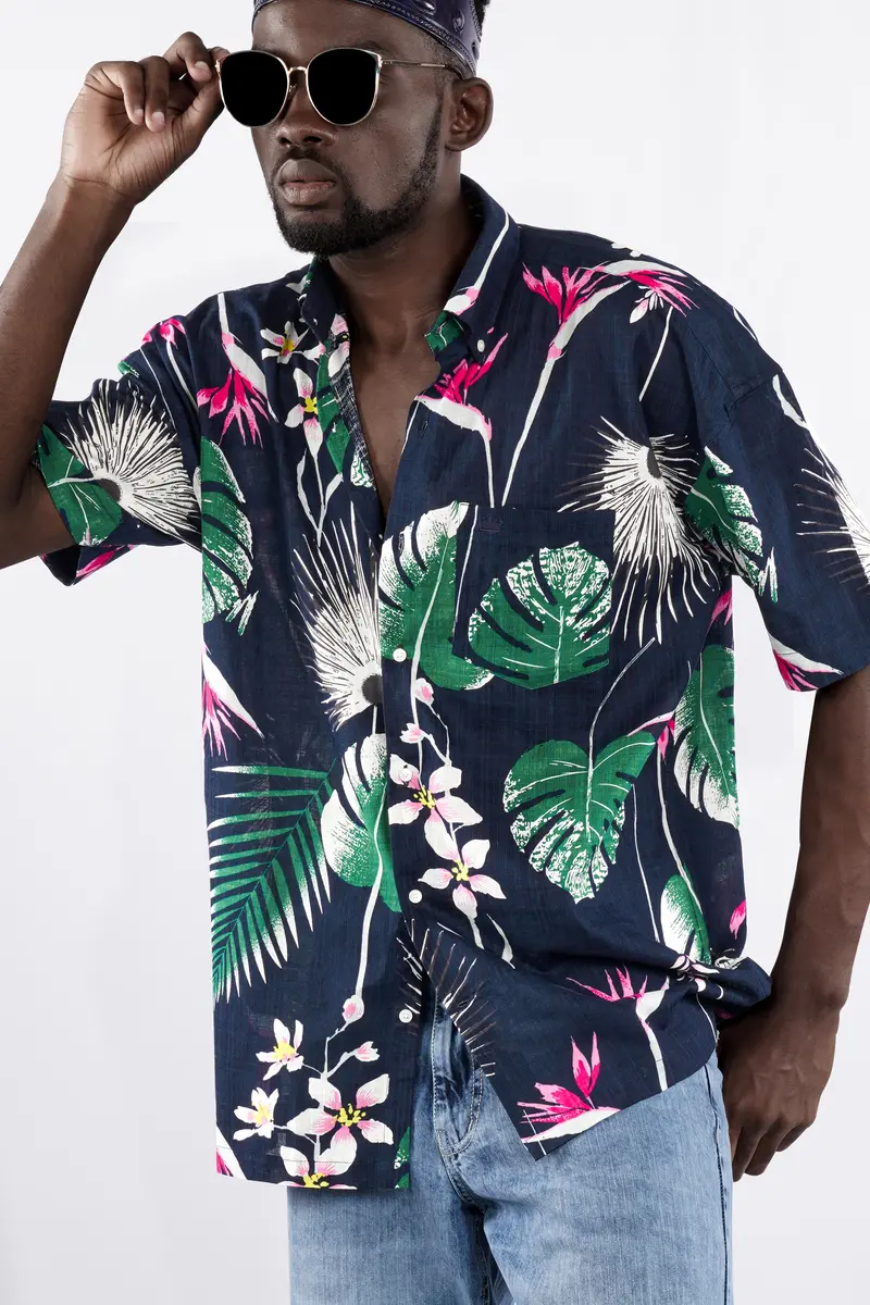 Space Blue With Petrol Green Leaves Printed Lightweight Premium Cotton Oversized Shirt 2