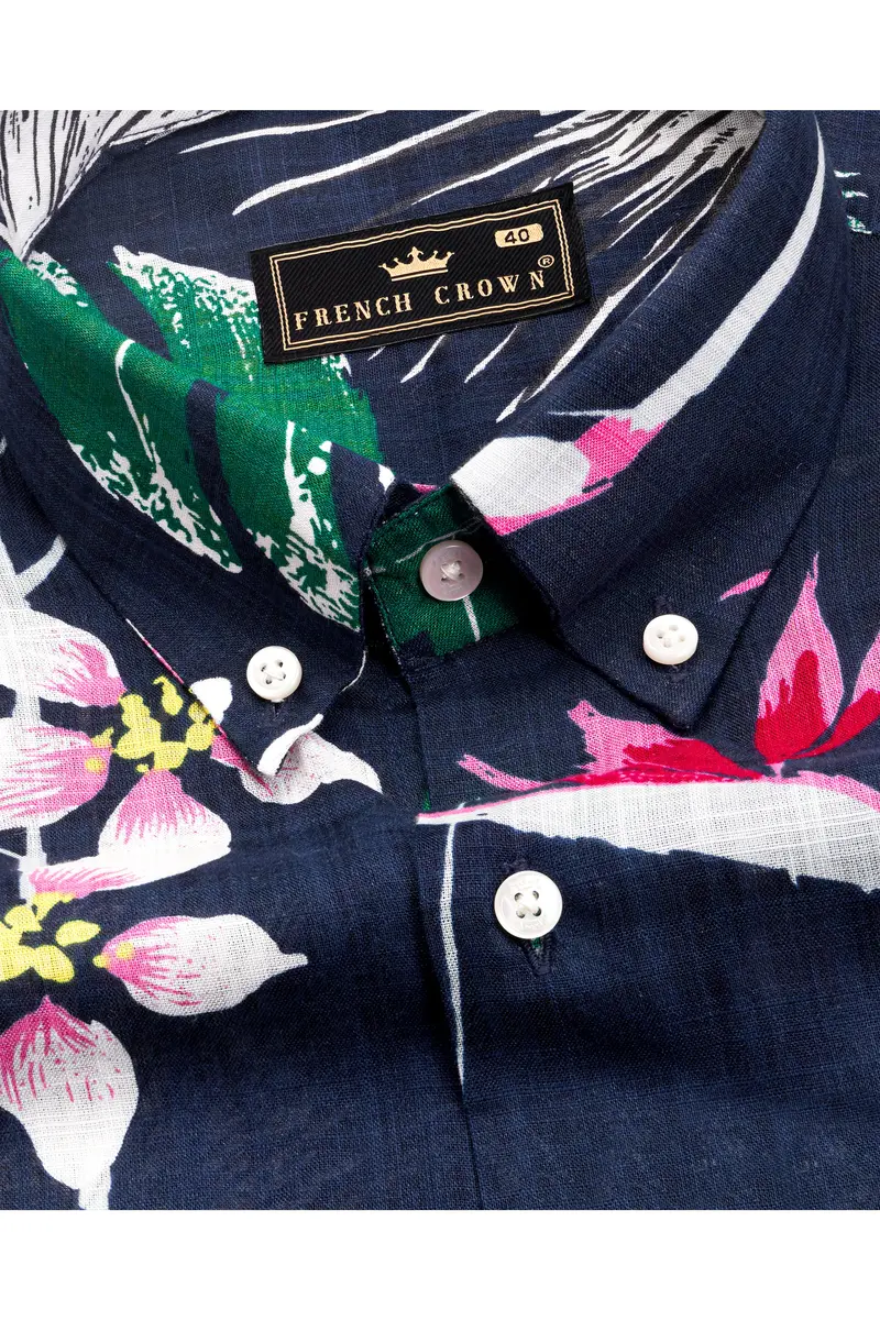 Space Blue With Petrol Green Leaves Printed Lightweight Premium Cotton Oversized Shirt 4