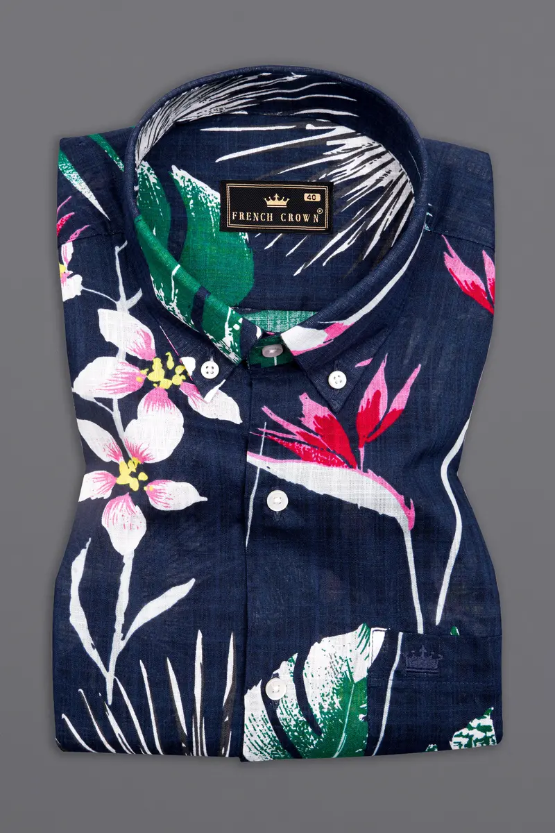 Space Blue With Petrol Green Leaves Printed Lightweight Premium Cotton Oversized Shirt 5