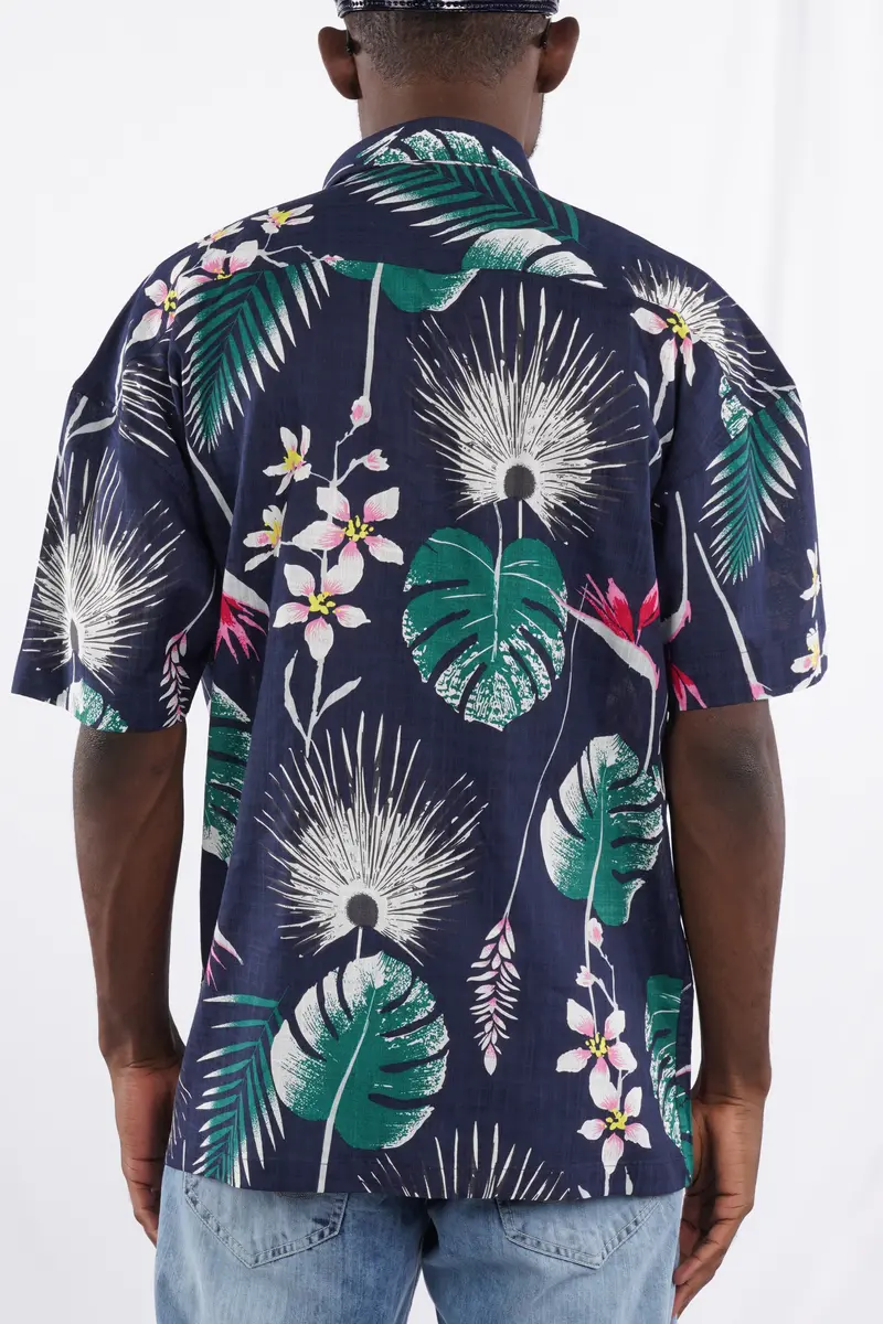 Space Blue With Petrol Green Leaves Printed Lightweight Premium Cotton Oversized Shirt 6