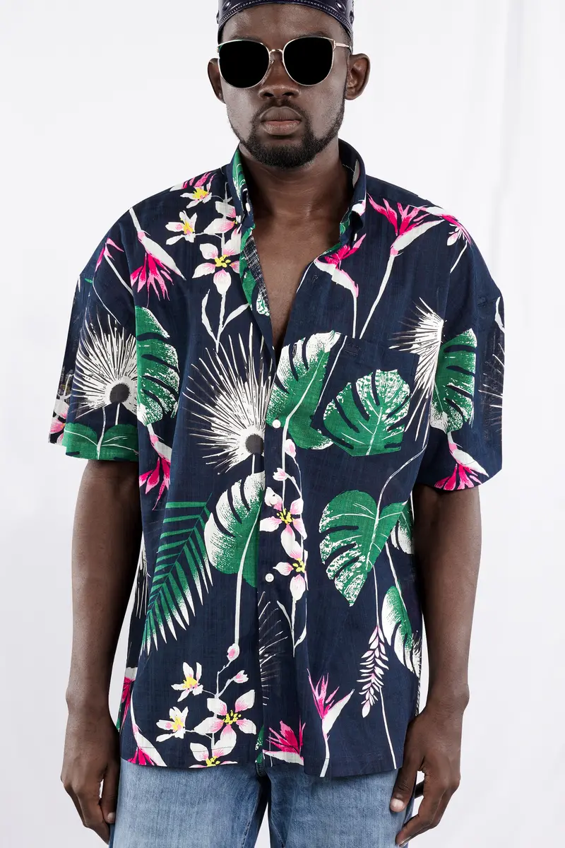 Space Blue With Petrol Green Leaves Printed Lightweight Premium Cotton Oversized Shirt 7