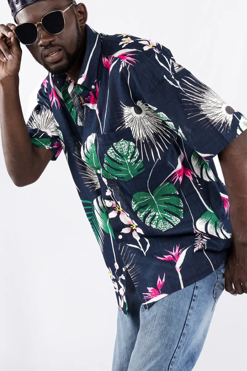 Space Blue With Petrol Green Leaves Printed Lightweight Premium Cotton Oversized Shirt 8