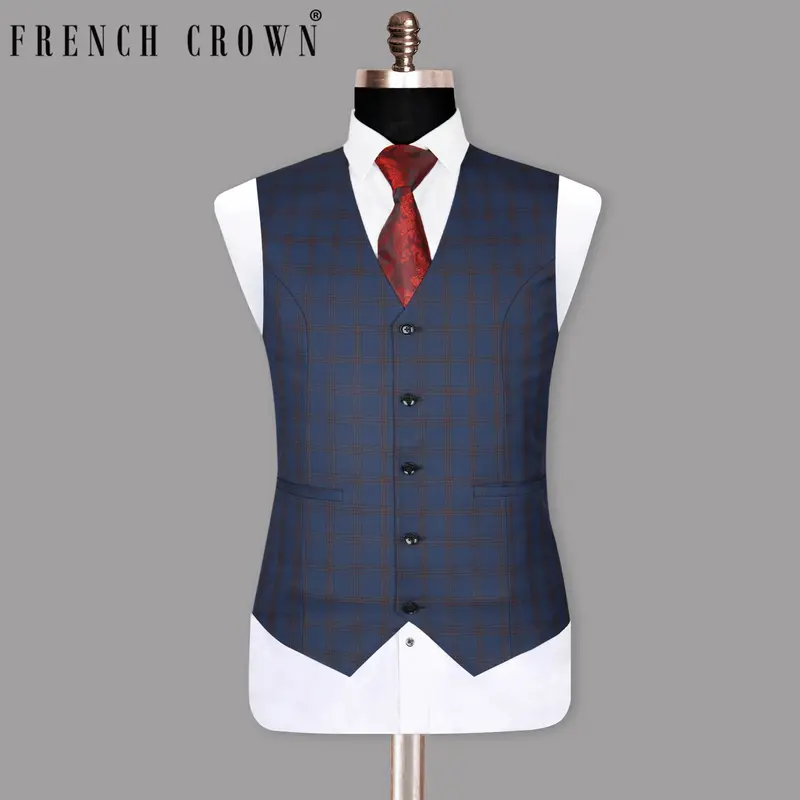Space Blue With Russet Windowpane Premium Wool Rich Waistcoat 1