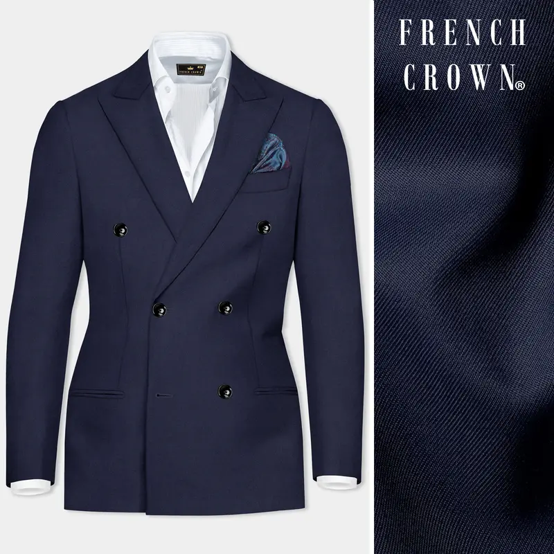 Space Cadet Blue Solid Wool Blend Double Breasted Blazer 1