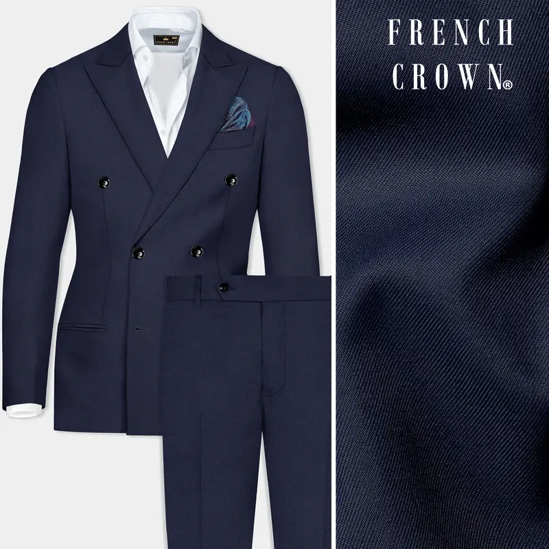 Space Cadet Blue Solid Wool Blend Double Breasted Suit 1
