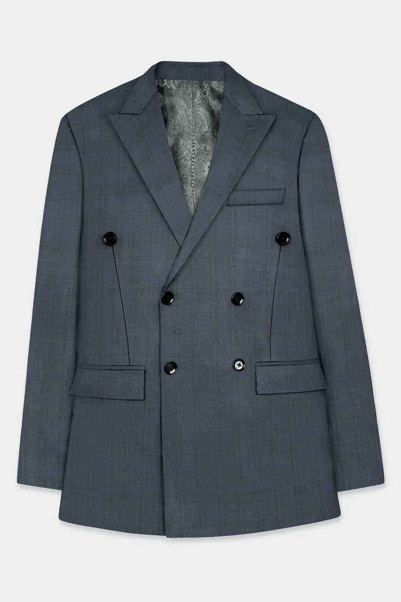Space Gray Textured Wool Blend Double Breasted Blazer 7