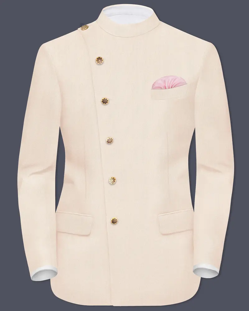 Spanish Cream Solid Wool Blend Cross Placket Bandhgala Blazer 1