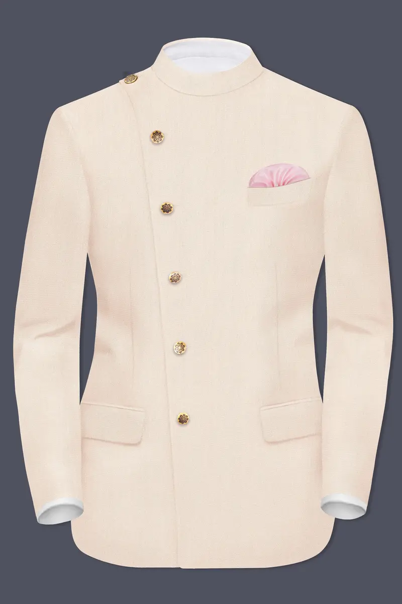 Spanish Cream Solid Wool Blend Cross Placket Bandhgala Blazer 2