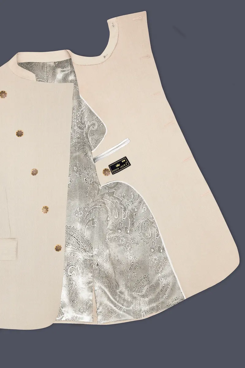Spanish Cream Solid Wool Blend Cross Placket Bandhgala Blazer 4