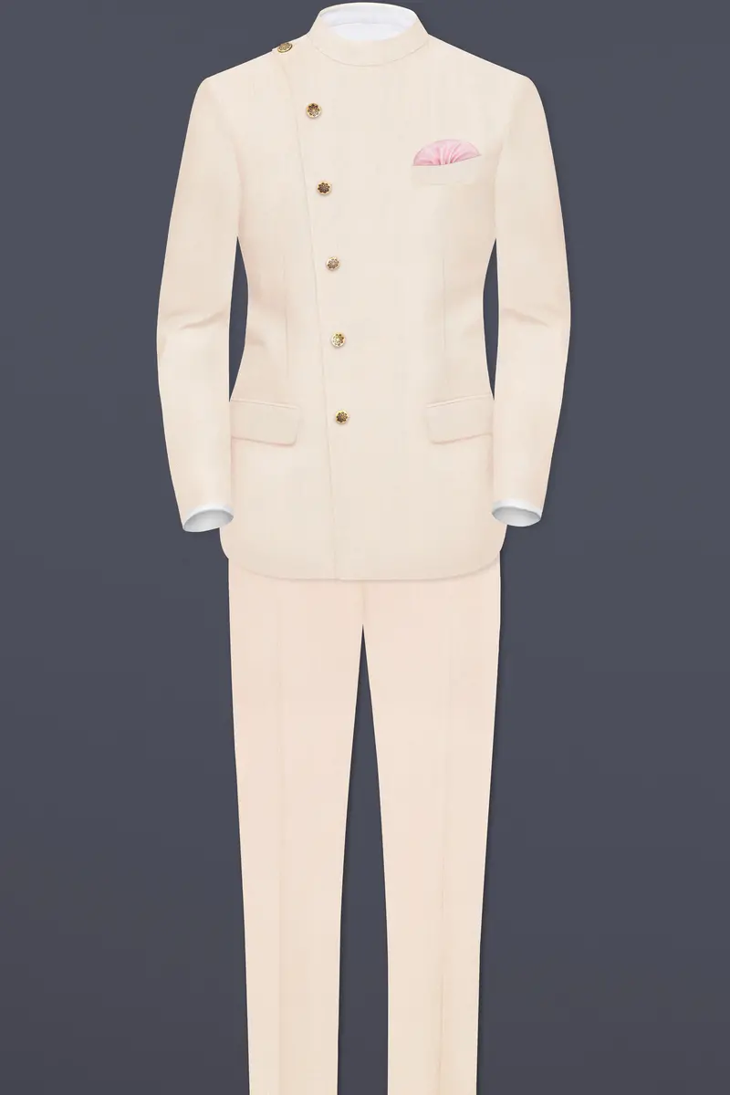 Spanish Cream Solid Wool Blend Cross Placket Bandhgala Blazer 7