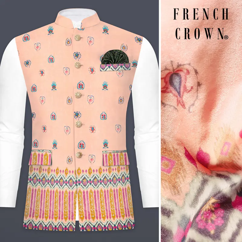 Spanish Peach And Glacier Blue Velvet Printed Designer Nehru Jacket 1