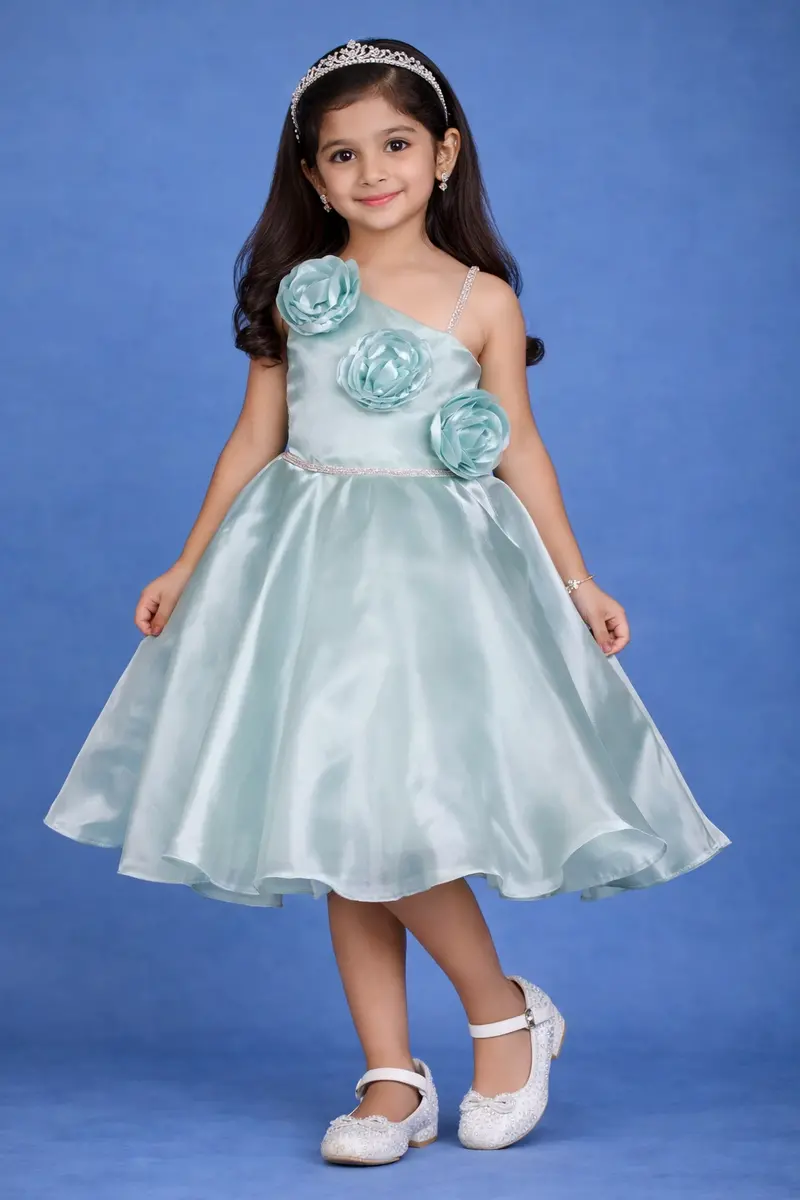 Spearmint One-Shoulder Organza Kids Party Frock With 3D Floral Appliqué 1