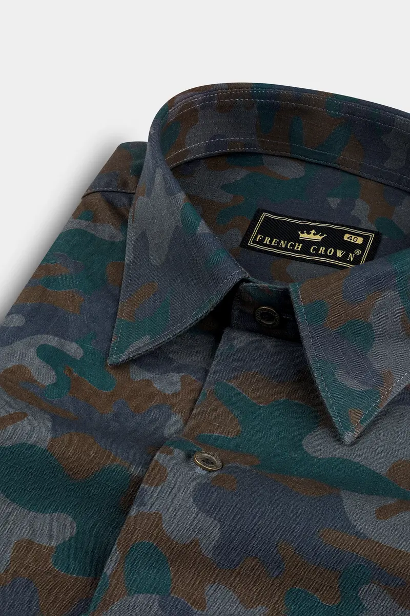 Spectra Green With Kabul Brown Camouflage Printed Royal Oxford Shirt 1