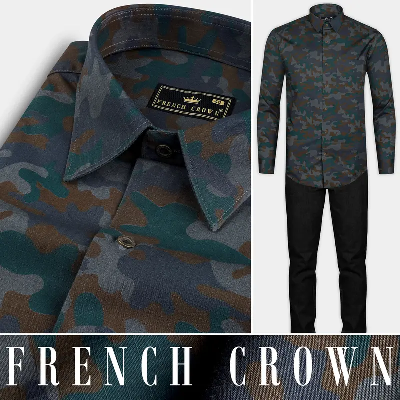 Spectra Green With Kabul Brown Camouflage Printed Royal Oxford Shirt 10