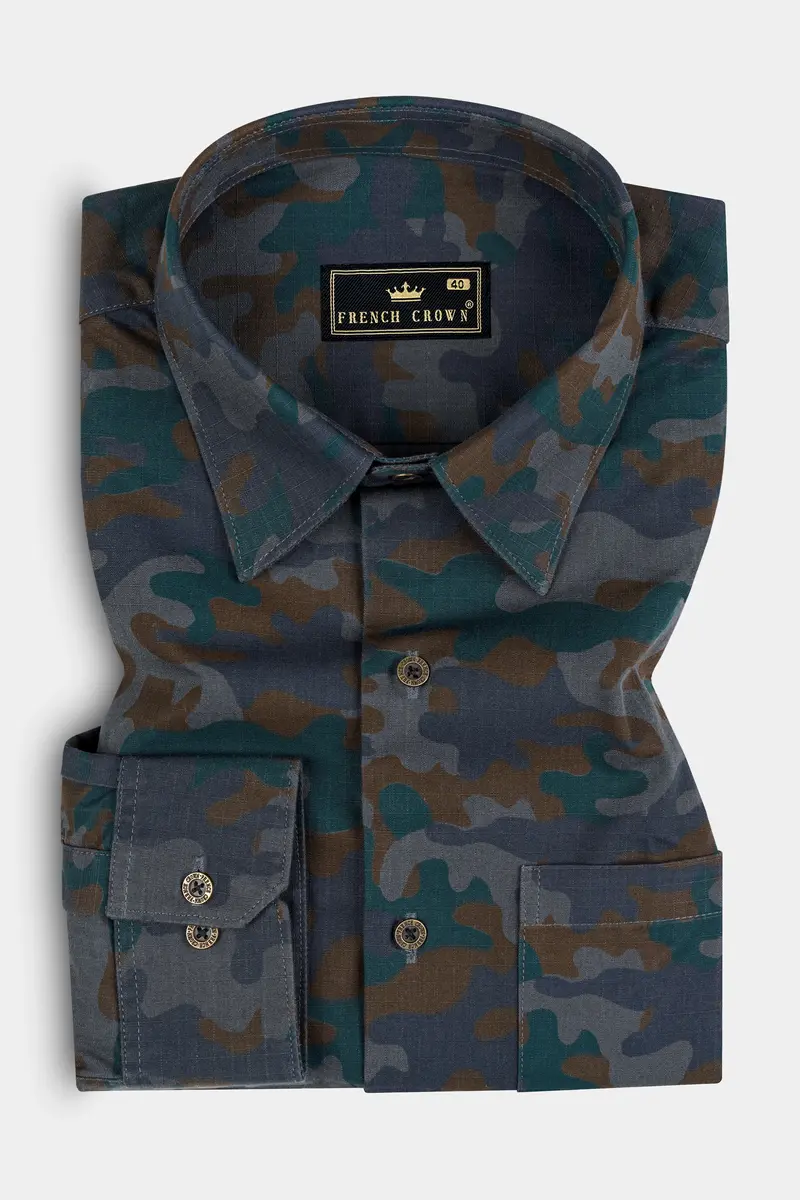 Spectra Green With Kabul Brown Camouflage Printed Royal Oxford Shirt 3