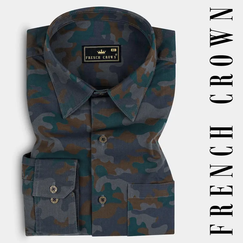 Spectra Green With Kabul Brown Camouflage Printed Royal Oxford Shirt 7