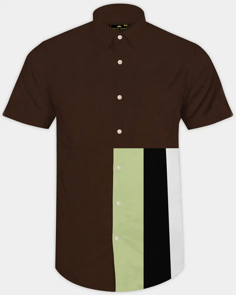 Spice Brown With Fringy Green And Black Patchwork Luxurious Linen Designer Shirt 1