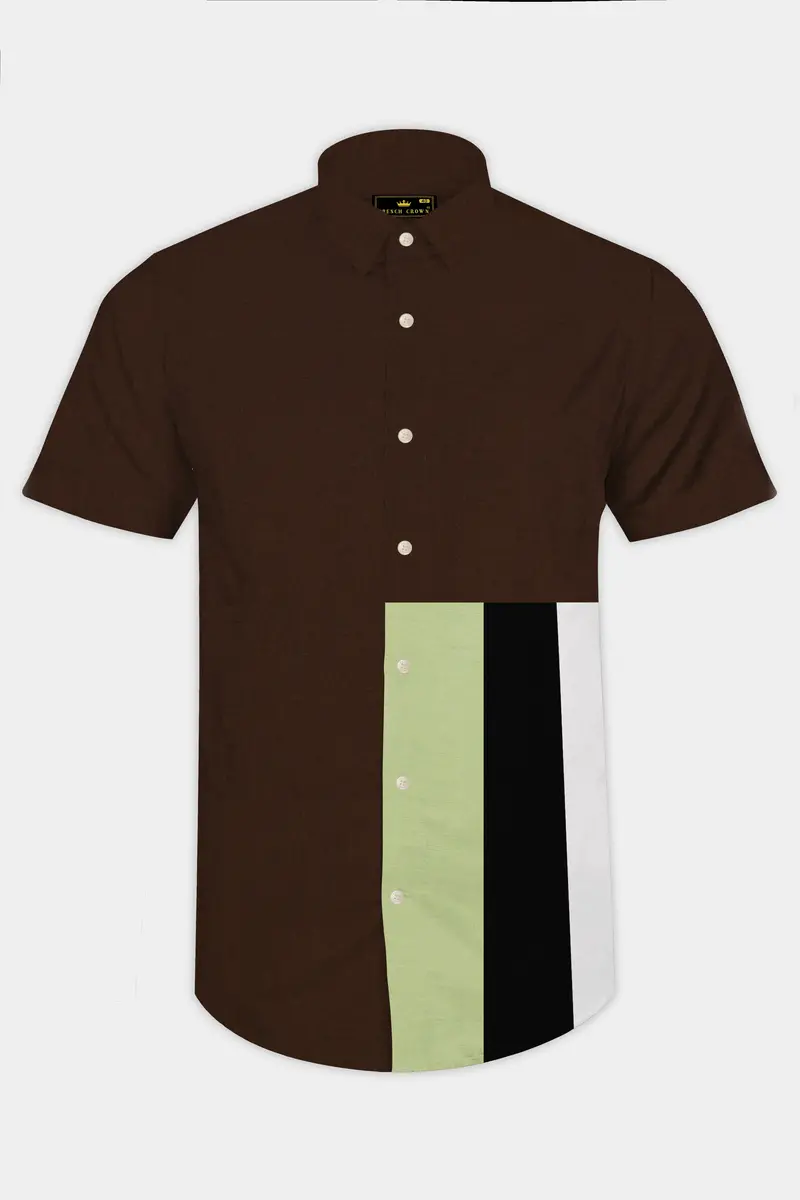 Spice Brown With Fringy Green And Black Patchwork Luxurious Linen Designer Shirt 2
