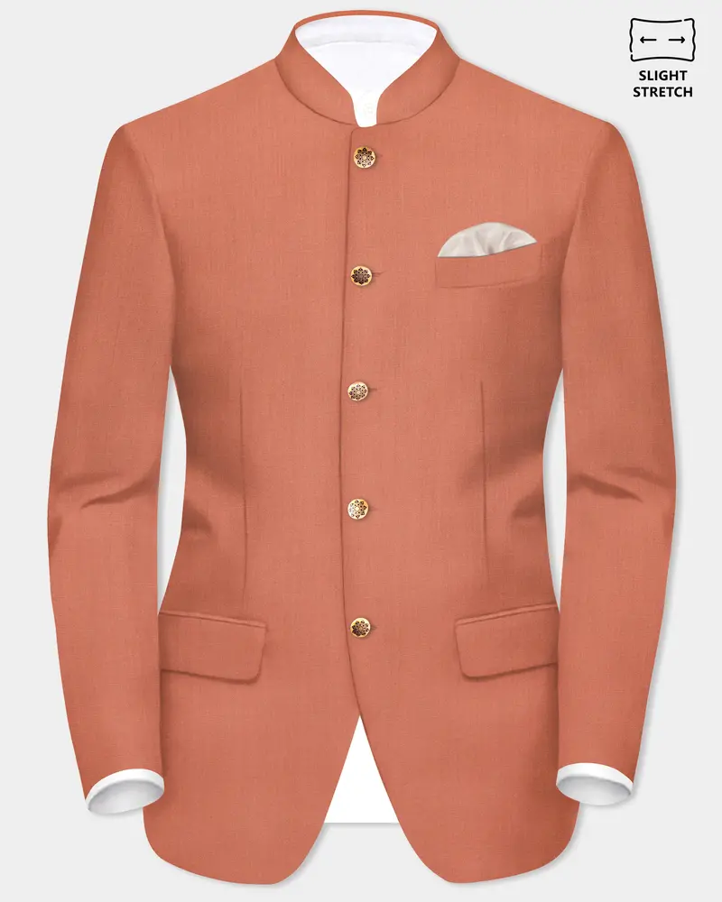 Spiced Sunset-Salmon Orange Solid Wool Rich Bandhgala Slight Stretch Blazer 1