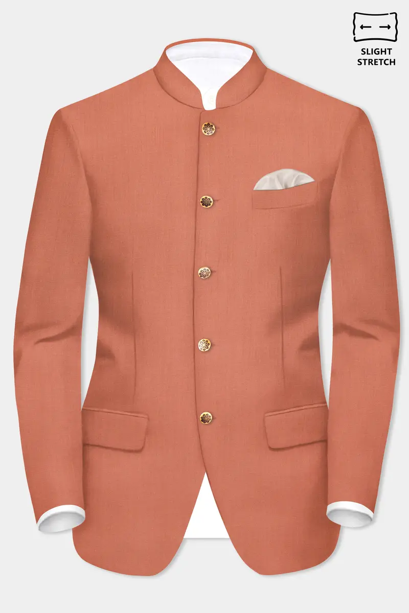 Spiced Sunset-Salmon Orange Solid Wool Rich Bandhgala Slight Stretch Blazer 2