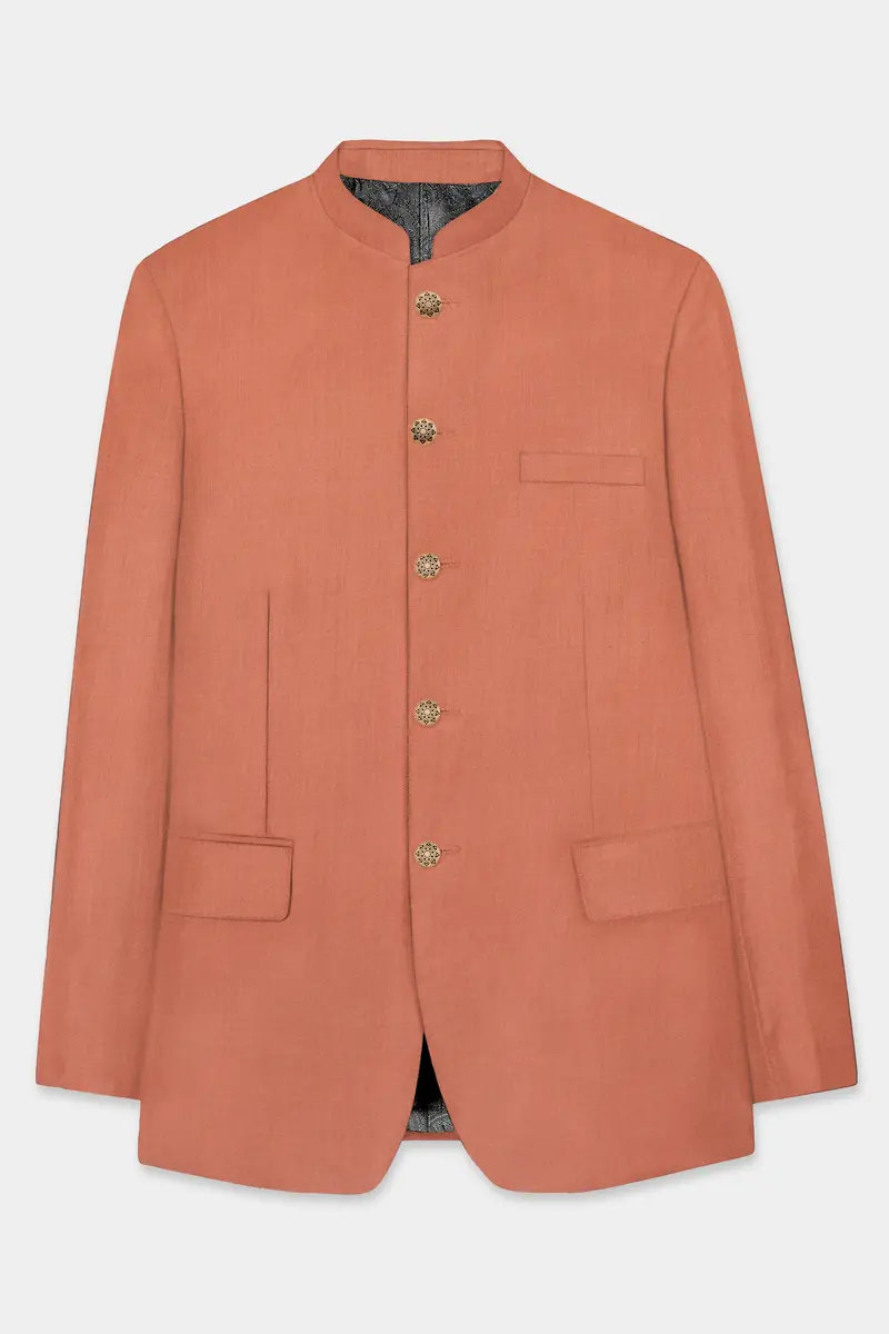 Spiced Sunset-Salmon Orange Solid Wool Rich Bandhgala Slight Stretch Blazer 6