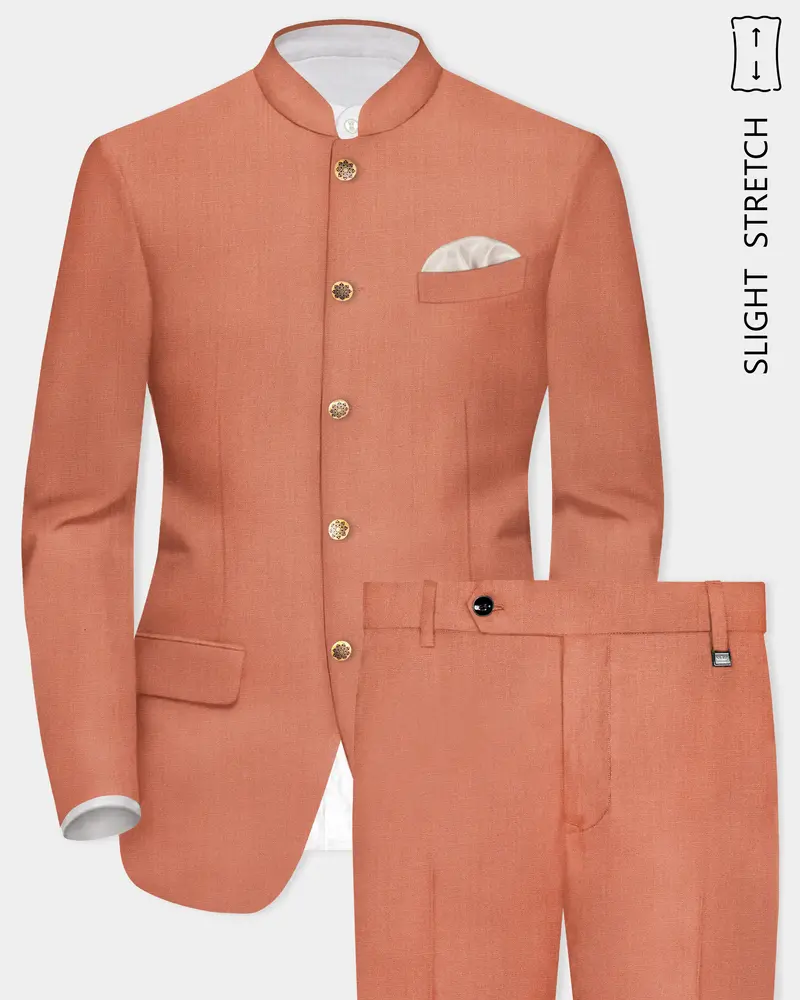 Spiced Sunset-Salmon Orange Solid Wool Rich Bandhgala Slight Stretch Suit 1
