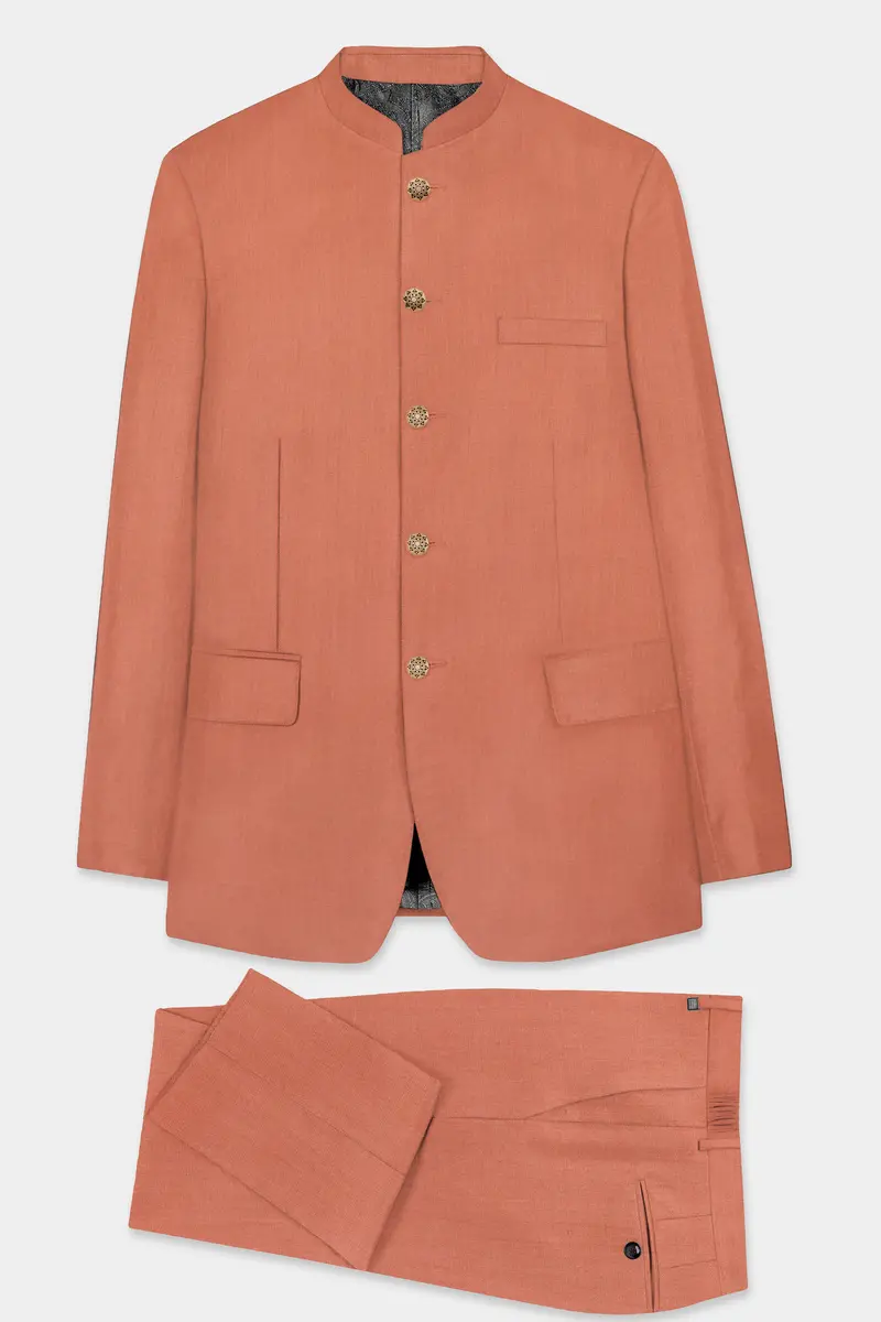Spiced Sunset-Salmon Orange Solid Wool Rich Bandhgala Slight Stretch Suit 10