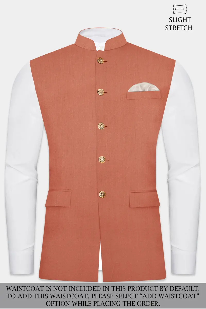 Spiced Sunset-Salmon Orange Solid Wool Rich Bandhgala Slight Stretch Suit 15