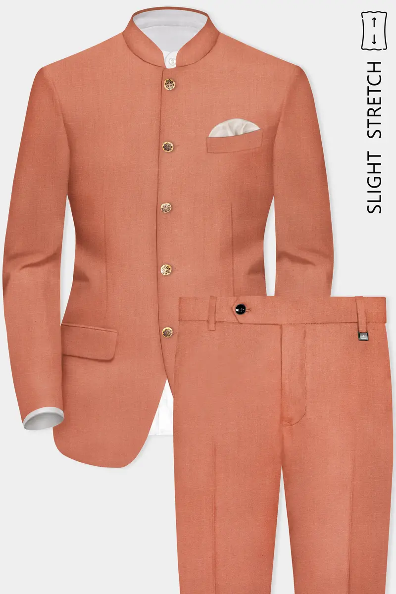 Spiced Sunset-Salmon Orange Solid Wool Rich Bandhgala Slight Stretch Suit 2